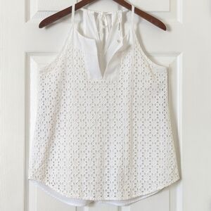 Athleta Eyelet Dunes Relaxed Embroidered Split Neck Tassel Tied Tank Top White S